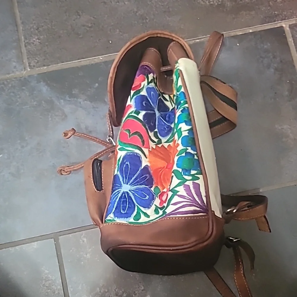 Embroidered Floral Leather-Trim Backpack Purse- Multicolor